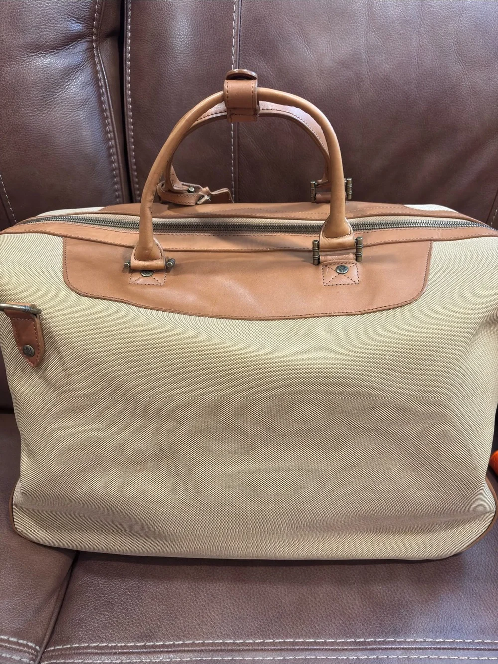 Tommy Bahama Tan Canvas & Leather Weekender Bag with Blue Embroidery Travel